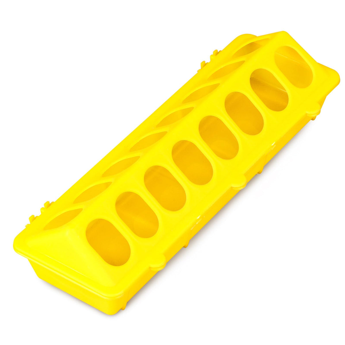 MACGOAL flip-top chick feeder yellow front view for safe feeding.