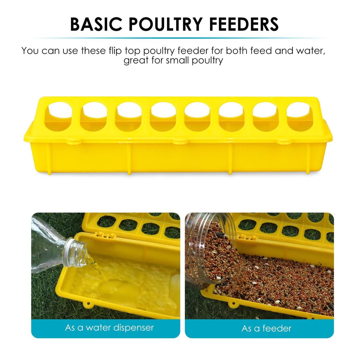 Plastic poultry feeder by MACGOAL, no-waste design reduces spills.