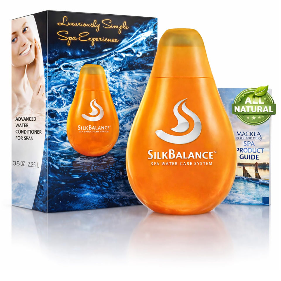 Macke SilkBalance bottle being poured for balanced hot tub water and silky feel