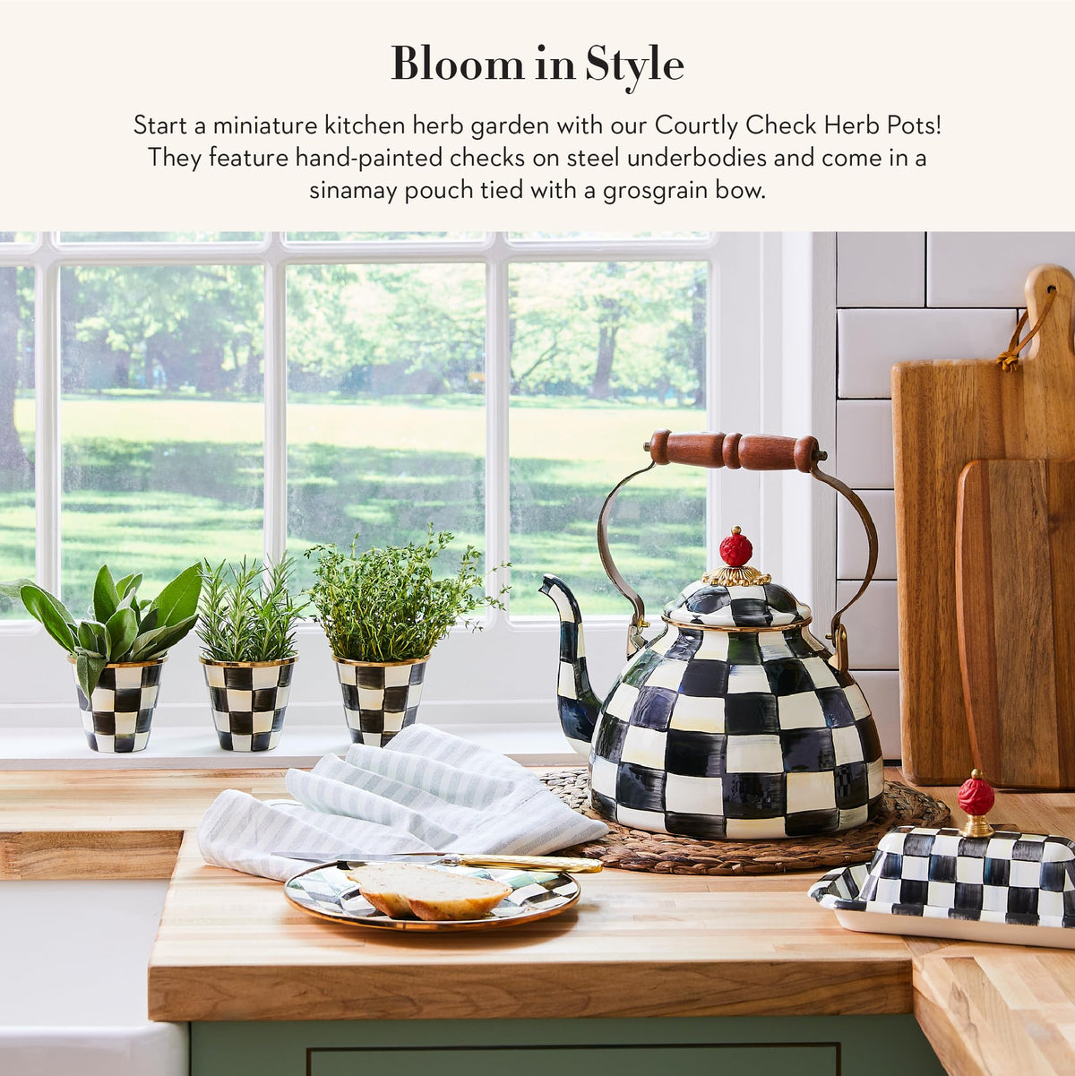 MacKenzie-Childs Courtly Check pattern detail adds black-and-white charm to indoor decor.