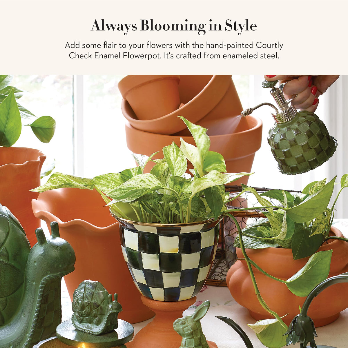 MacKenzie-Childs planter in Courtly Check complements any decor.