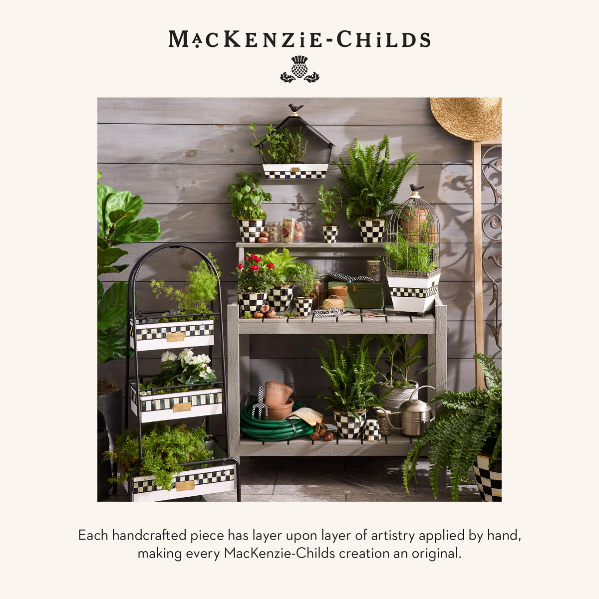 MacKenzie-Childs display-ready pots on a shelf showcasing timeless design.
