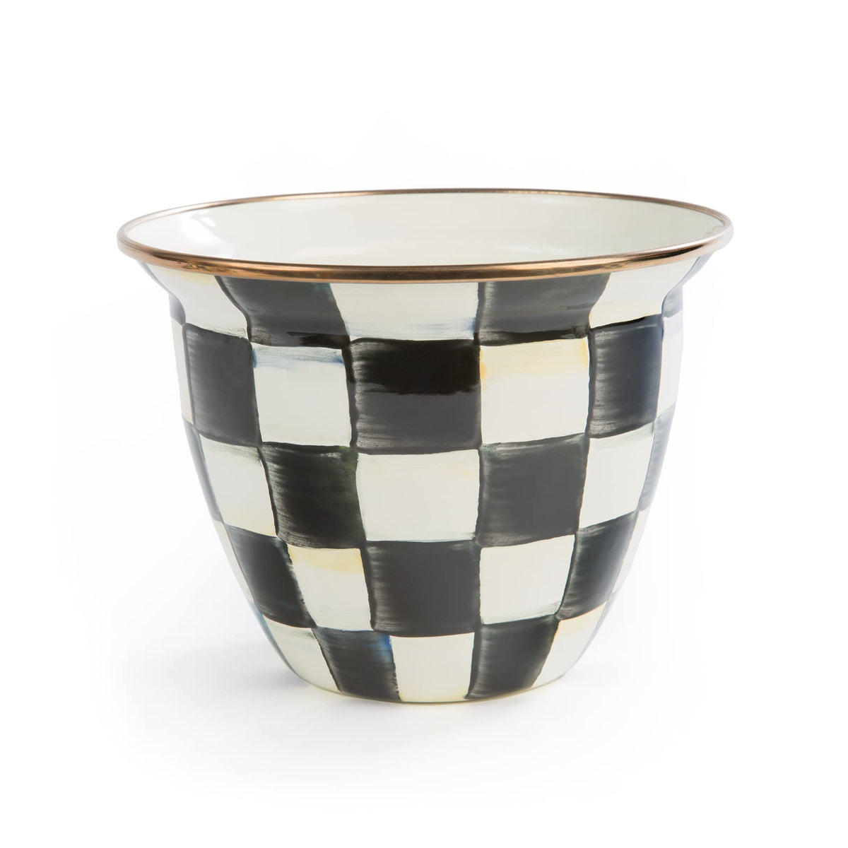 MacKenzie-Childs flowerpot with bronzed rim for elegant indoor display.