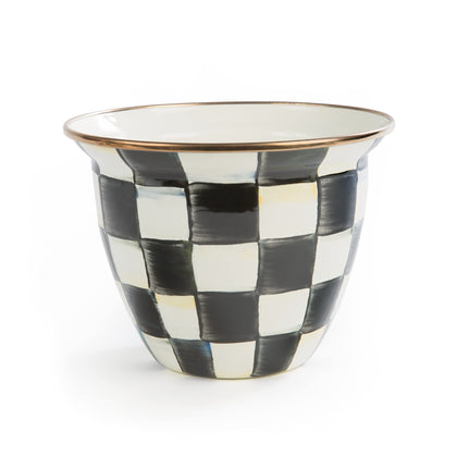 MacKenzie-Childs flowerpot with bronzed rim for elegant indoor display.