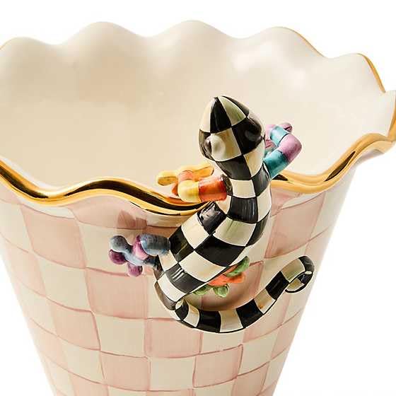 MACKENZIE-CHILDS Gecko Pot Climber decor adds whimsical plant-pot charm for indoor or outdoor spaces.