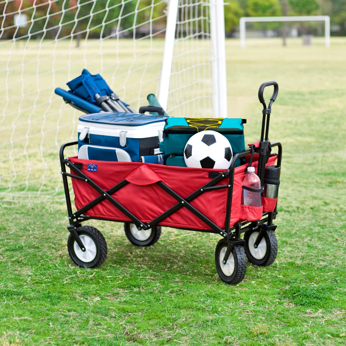 MacSports compact folded wagon with carry case for convenient storage after events.