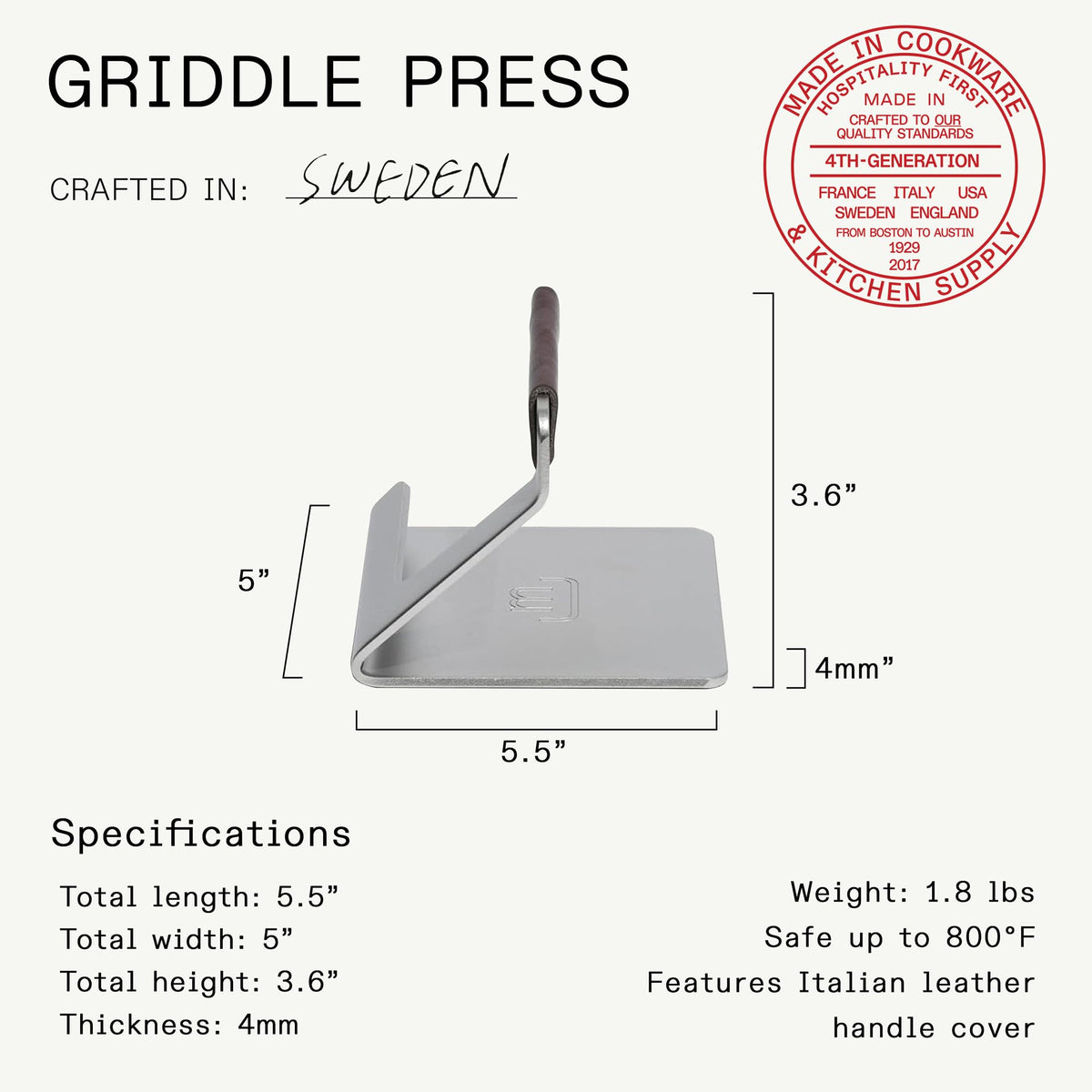 Made In grill press stainless steel construction for lasting open-fire use