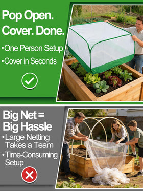 MADHOLLY Pop Up Netting with stakes secured, wind-resistant protection for crops.