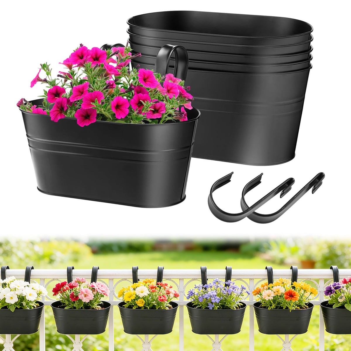 MADHOLLY railing planter 6pc set on rail, durable design for balcony greenery.