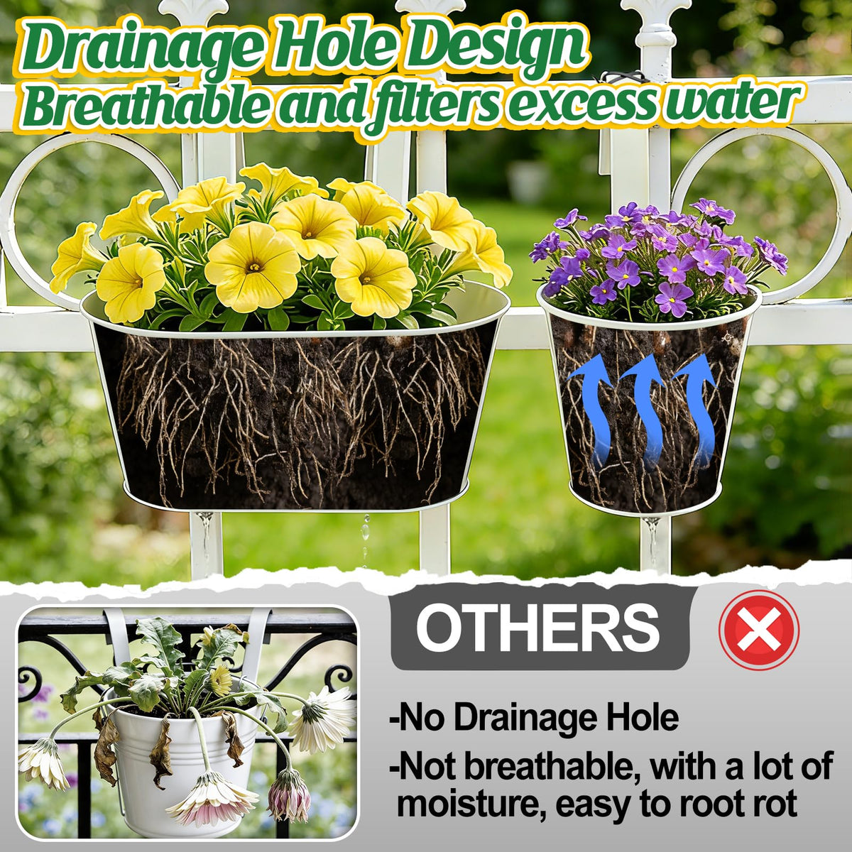 MADHOLLY oval bucket railing planter drainage holes for healthy roots