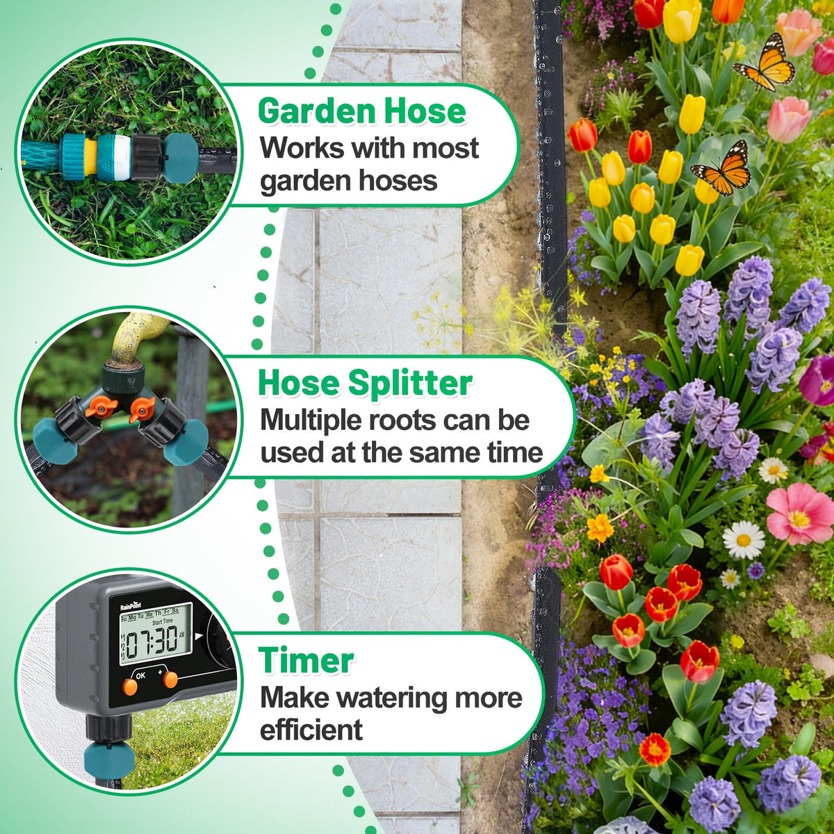 MADHOLLY Soaker Hose connects to timers for efficient garden watering