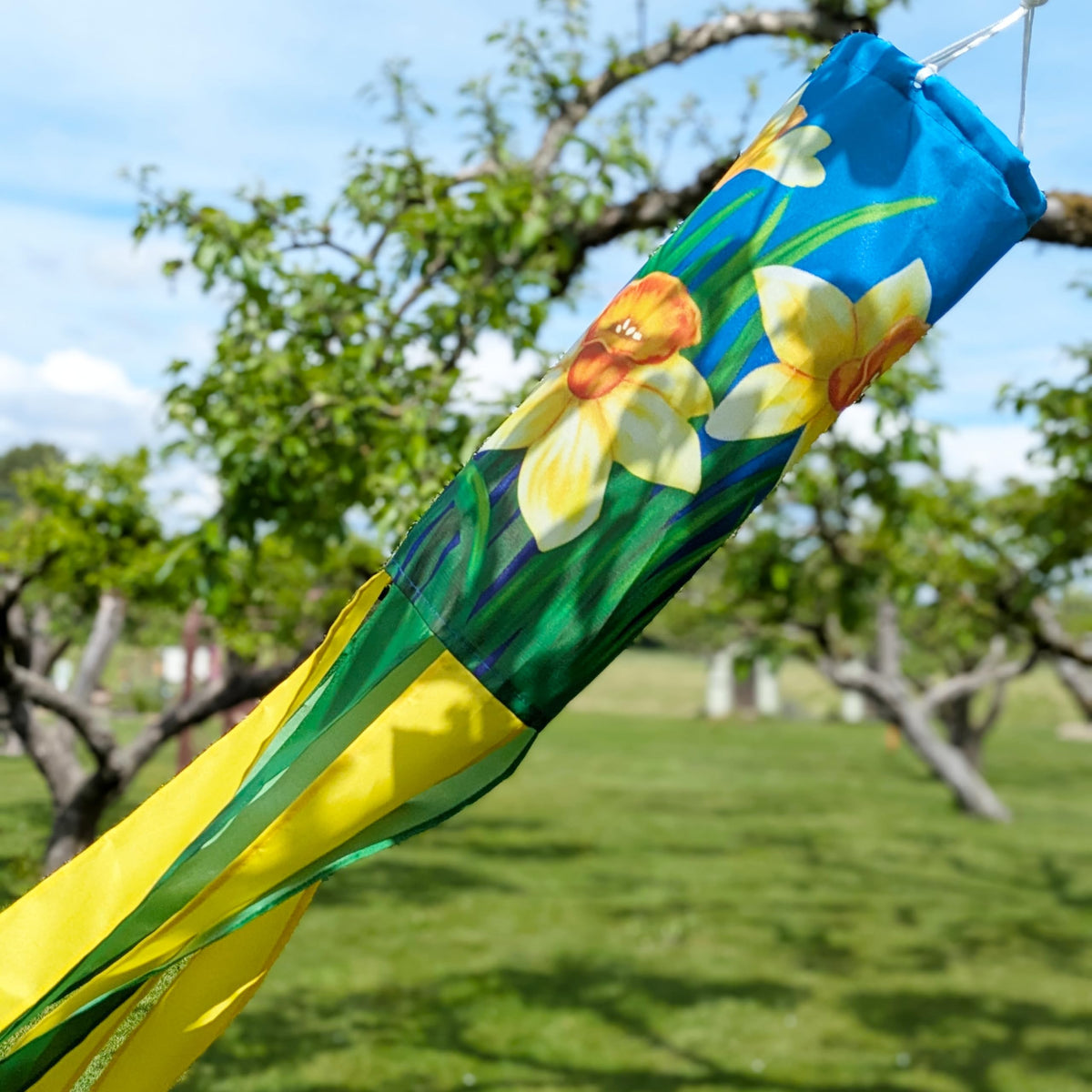 Close-up of green and yellow daffodil detail on Madrona windsock