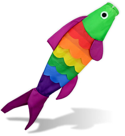 Madrona Brands Rainbow Fish Windsock hangs for outdoor color and movement