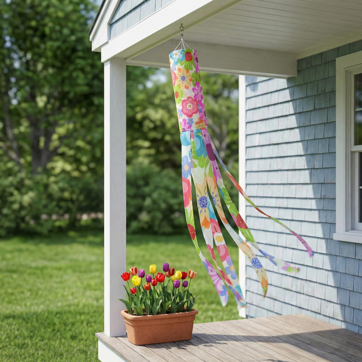 Madrona Brands Spring Flowers Windsock features a sturdy metal swivel clasp for secure hanging.