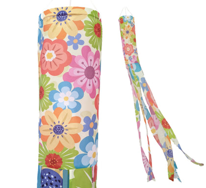 Madrona Brands Spring Flowers Windsock with petal collage adds vivid curb appeal to outdoor spaces.