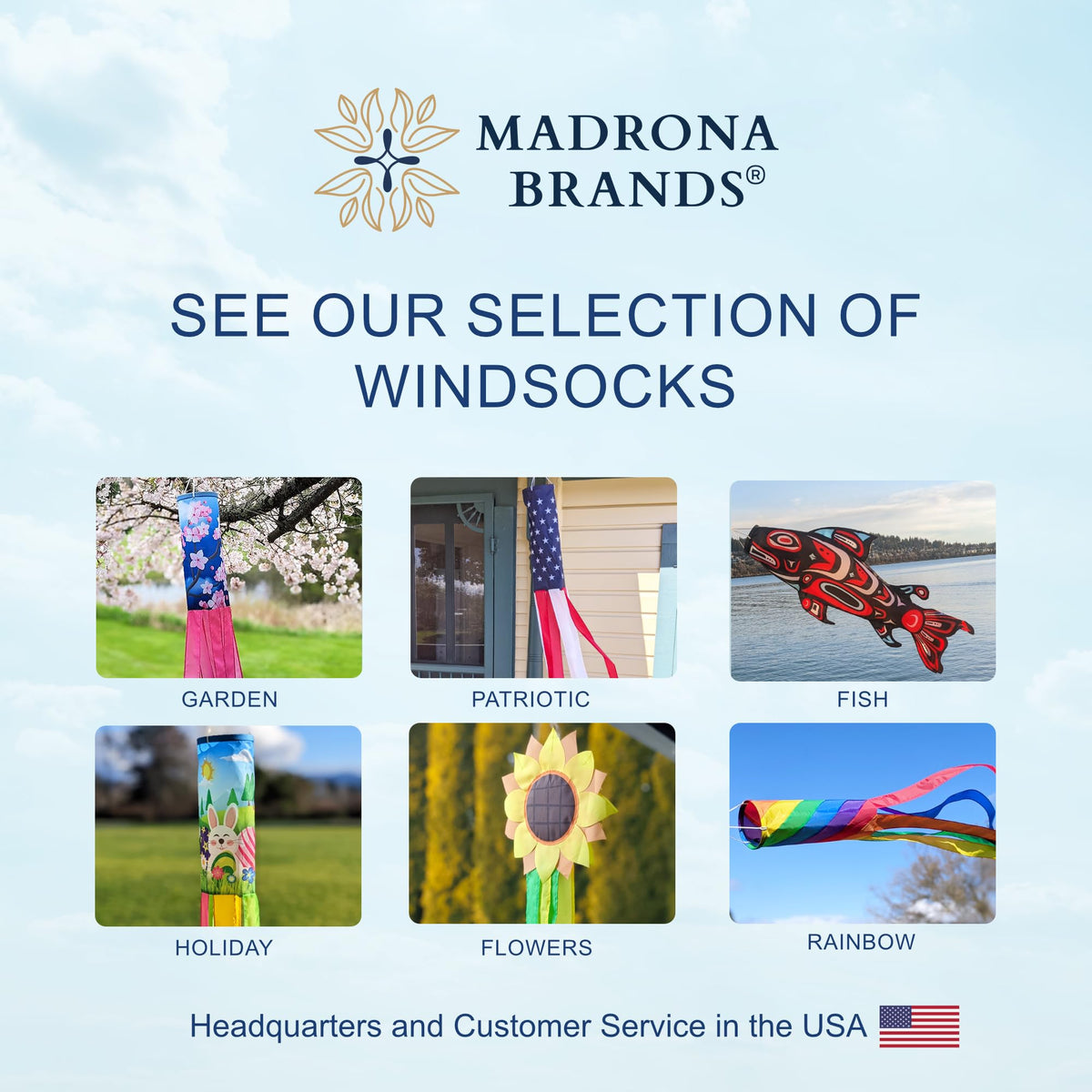 Madrona Brands Spring Flowers Windsock enhances yard and garden decor.