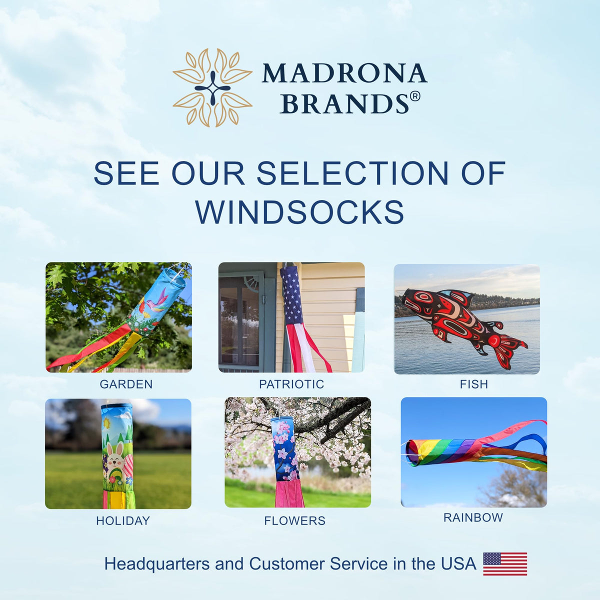 Madrona Brands Sunflower Windsock adds colorful motion for outdoor moments.