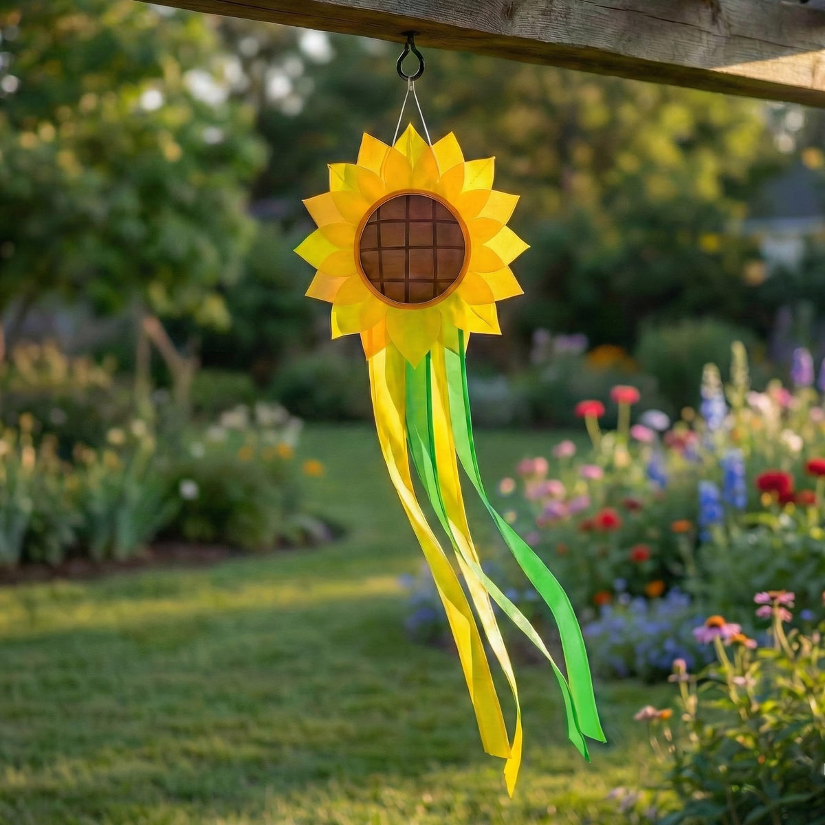 Madrona Brands Sunflower Windsock two-sided design visible from yard and porch.