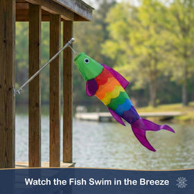 Weather-resistant windsock with metal swivel clasp secures decks and docks