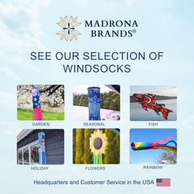Madrona Brands windsock features a metal swivel clasp for secure hanging.