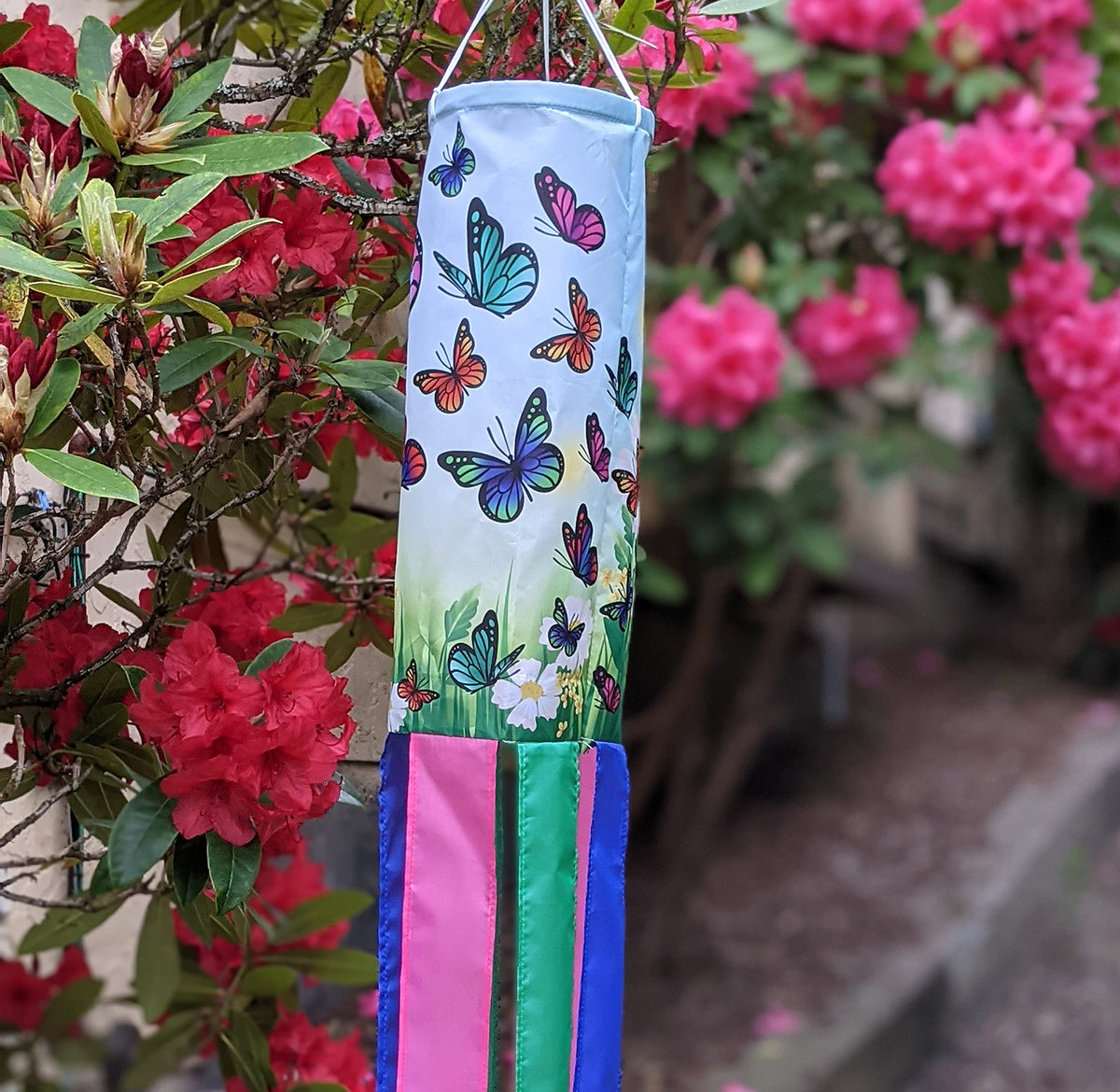 Madrona Brands windsock made with weather-resistant polyester for outdoor use.