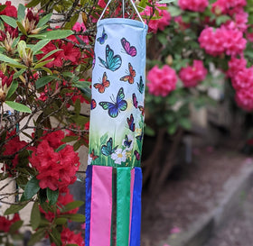 Madrona Brands windsock made with weather-resistant polyester for outdoor use.