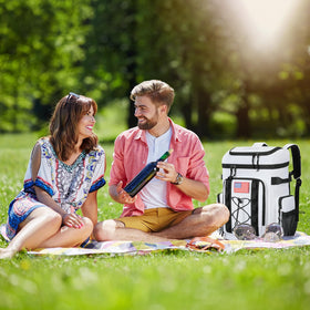 Maelstrom Backpack Cooler in use at the beach for picnics.