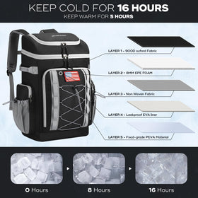Maelstrom Backpack Cooler open main compartment for organized food and drinks.
