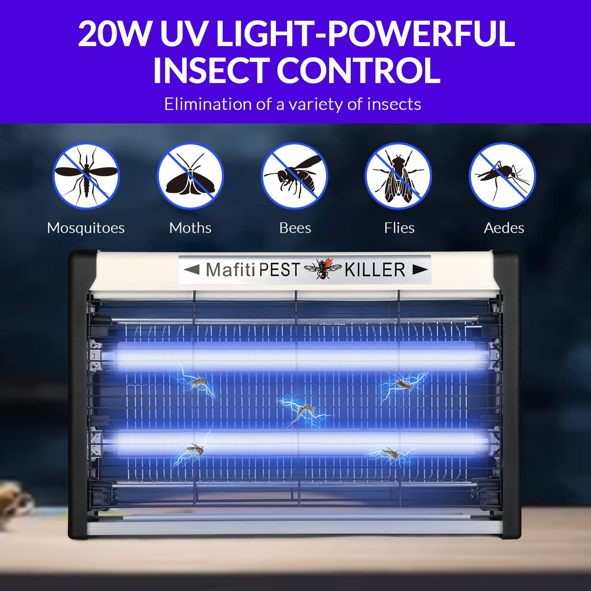 mafiti fly trap kitchen setup with two UV bulbs attracting insects