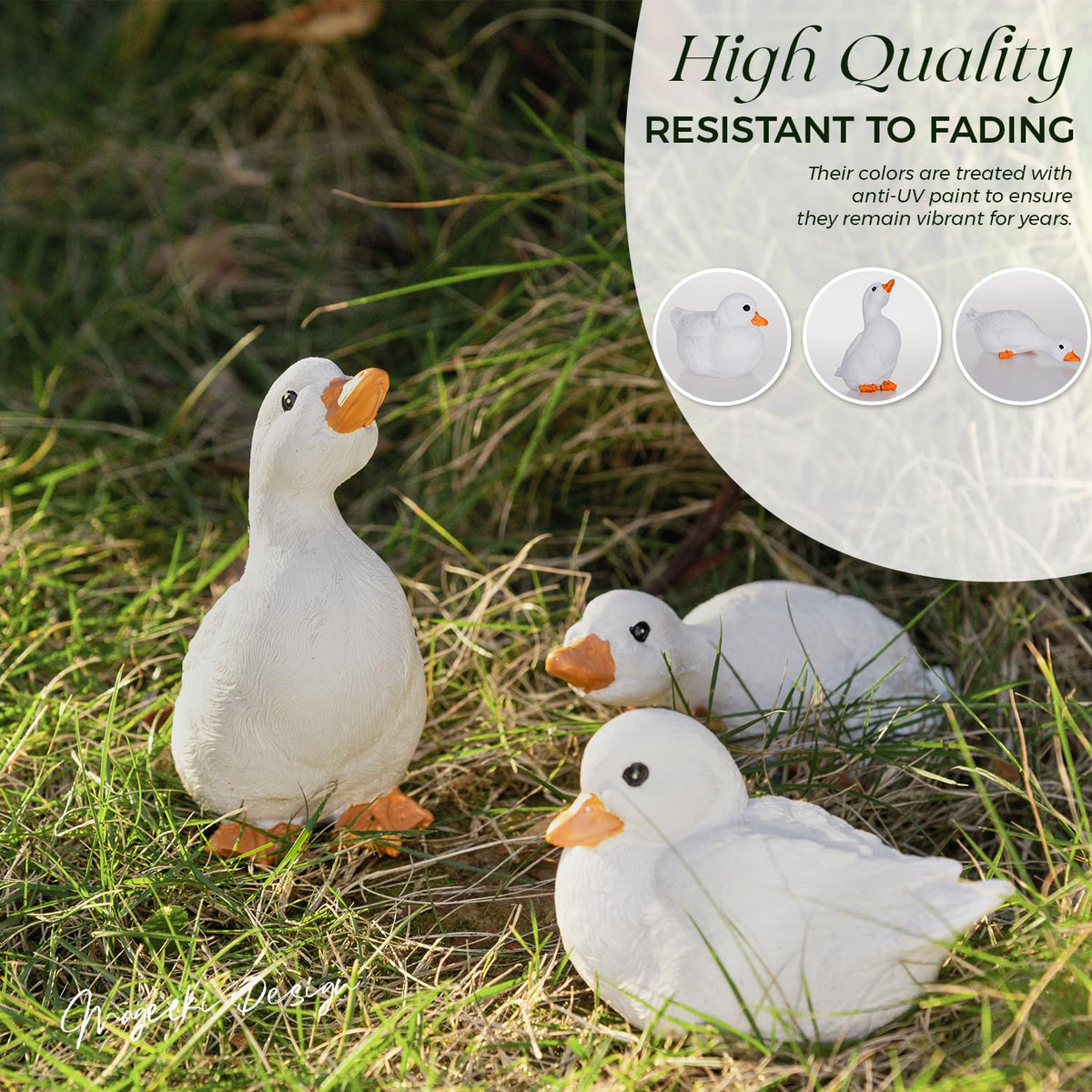 Mageeki resin outdoor ornaments withstand weather while adding character to yard.