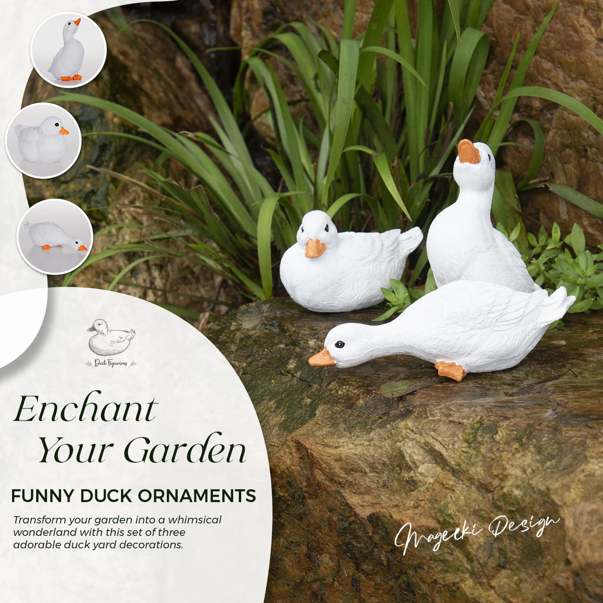 Mageeki three-duck figurines enhance porch decor with playful, varied poses.