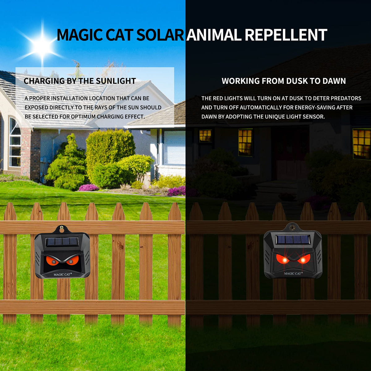Magic Cat red LED flash deterring wildlife with eye-like signals