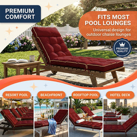 Magic Elephant burgundy outdoor cushion on chaise in sunlit patio scene