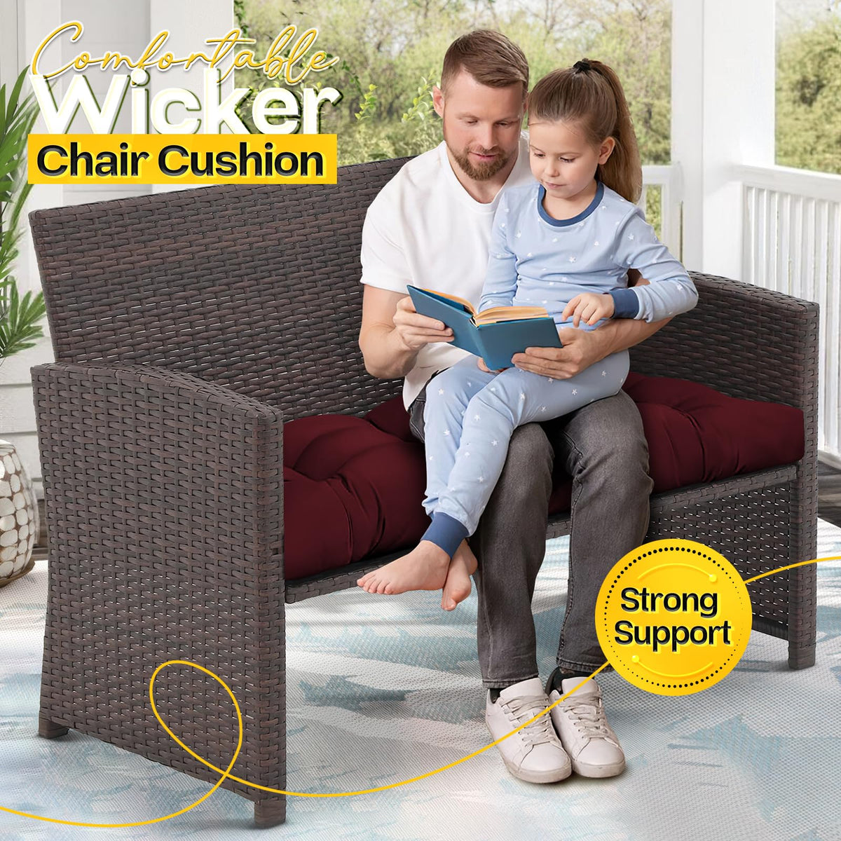 Magic Elephant red outdoor cushion enhances patio décor with cozy seating appeal.