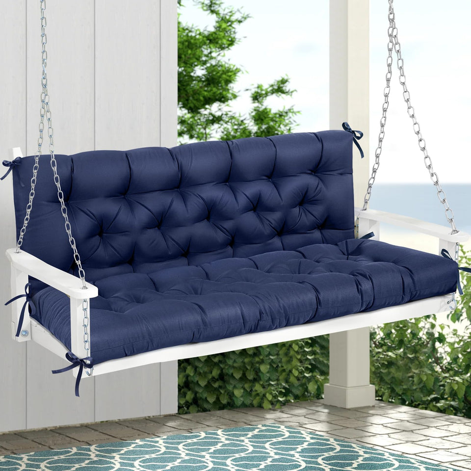 Magic Elephant porch swing cushion in blue shows 60x40 size for outdoor comfort.