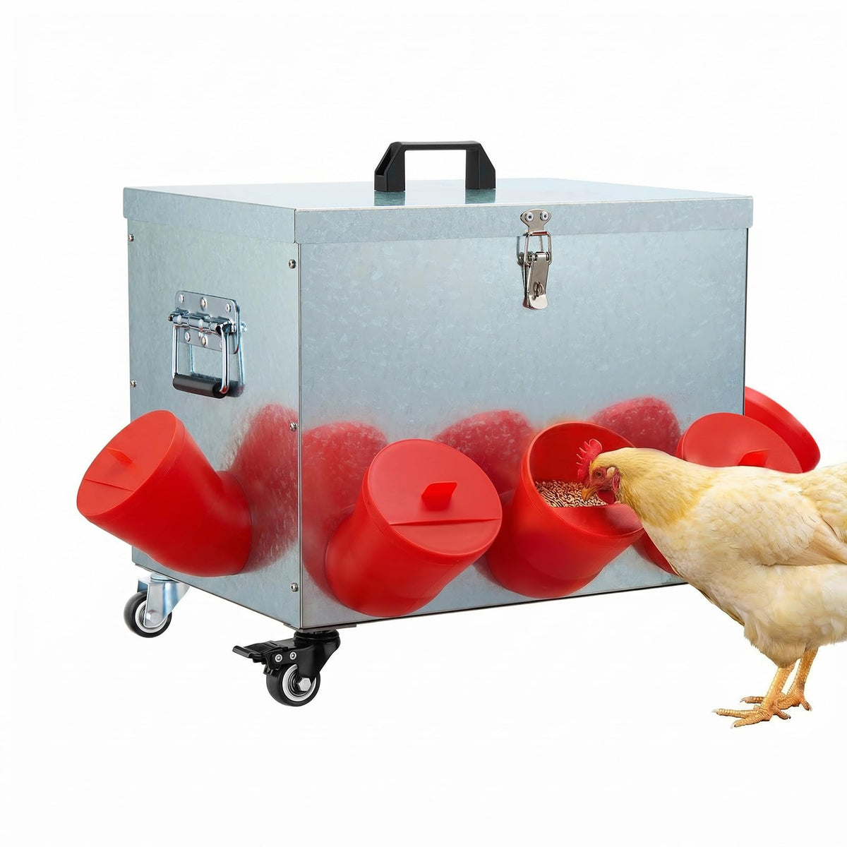 Magicfly 40-lb chicken feeder front view showing no-waste design for cleaner feeding