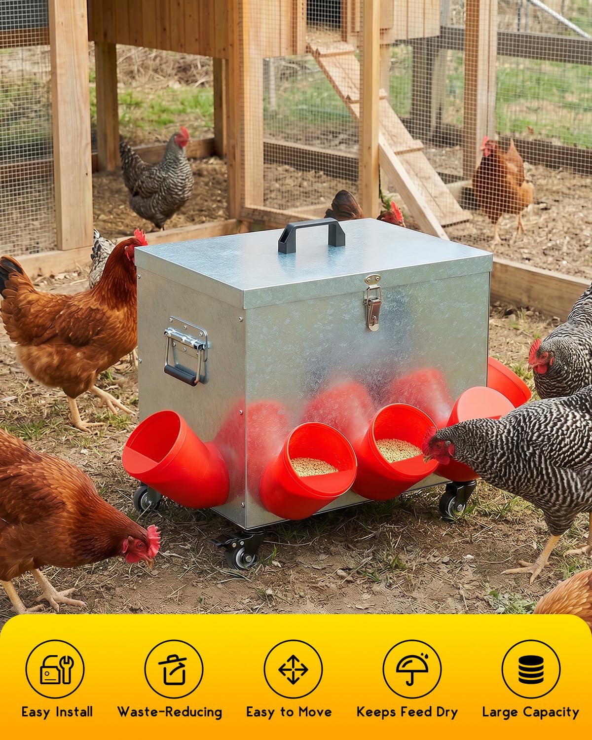 Magicfly chicken feeder with 8 bell-mouth ports for controlled feeding
