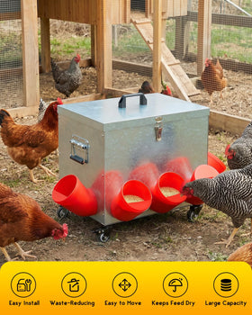 Magicfly chicken feeder with 8 bell-mouth ports for controlled feeding