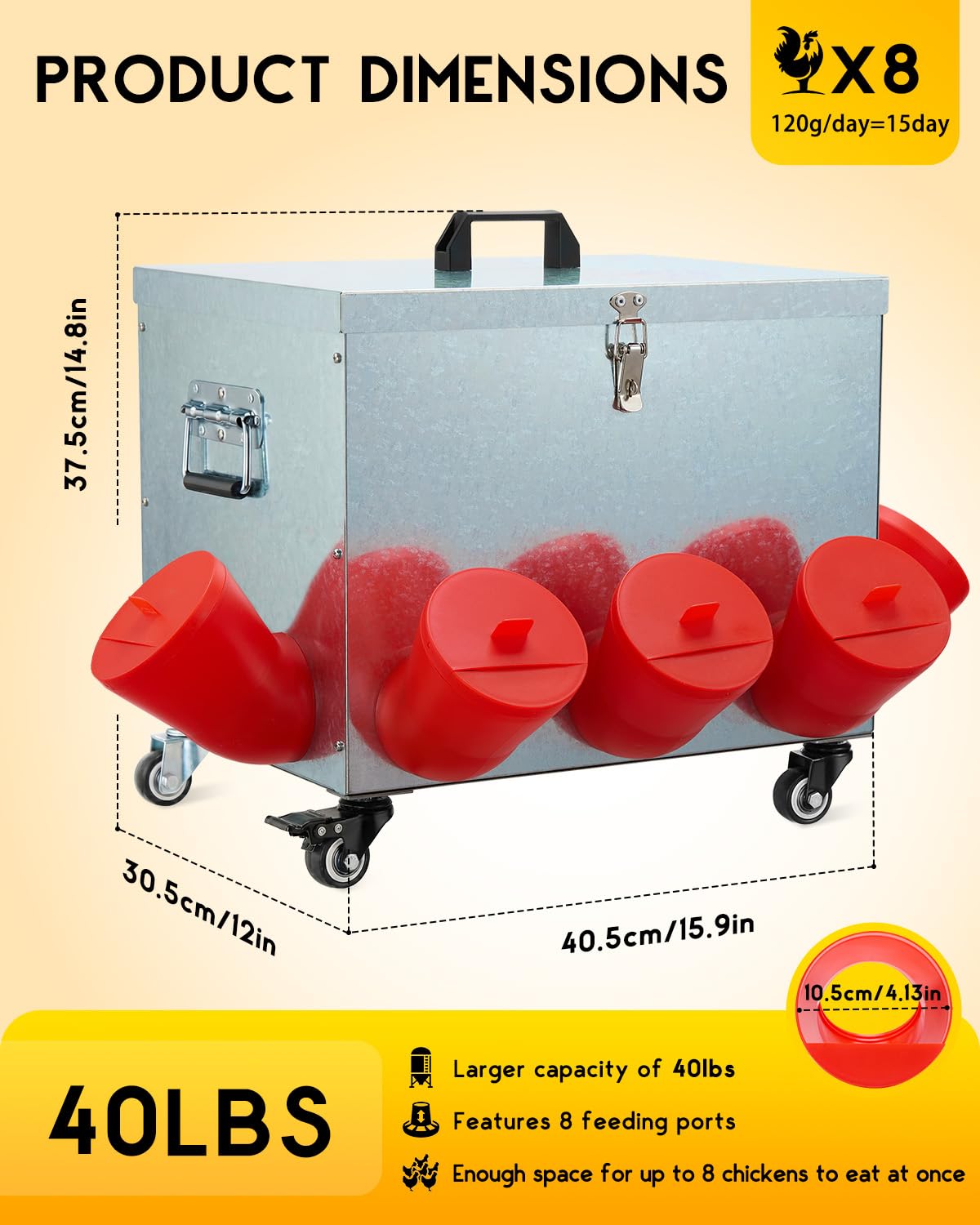 Magicfly feeder with wheels and handle for easy repositioning in coop