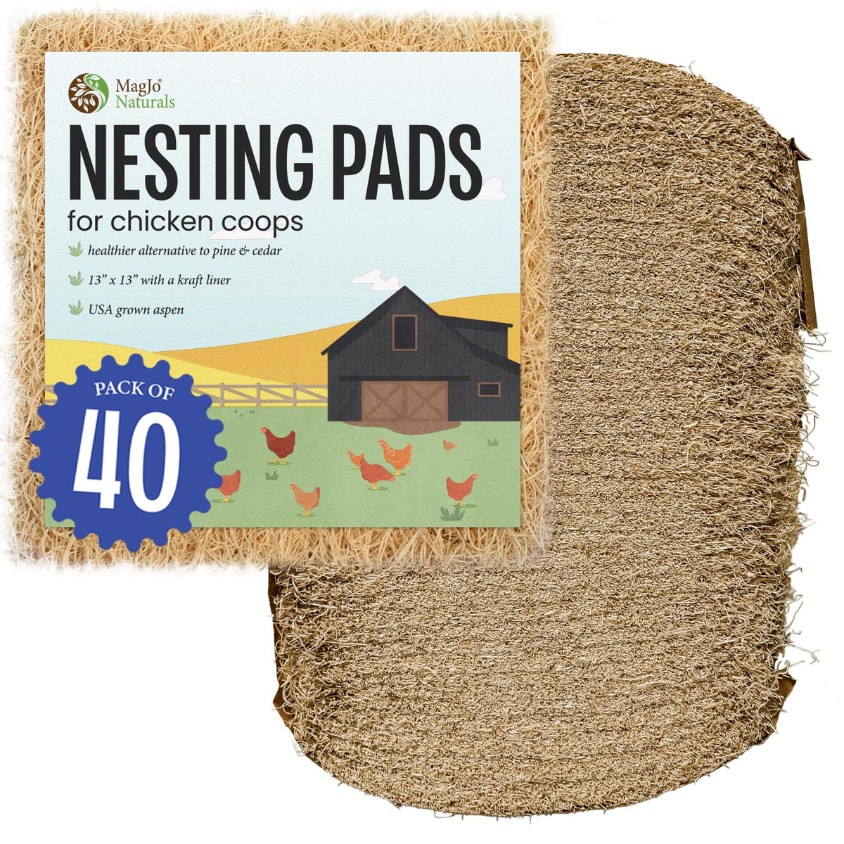 MagJo Aspen Nesting Pads 13x13, 40-pack, neatly packaged for quick coop setup.