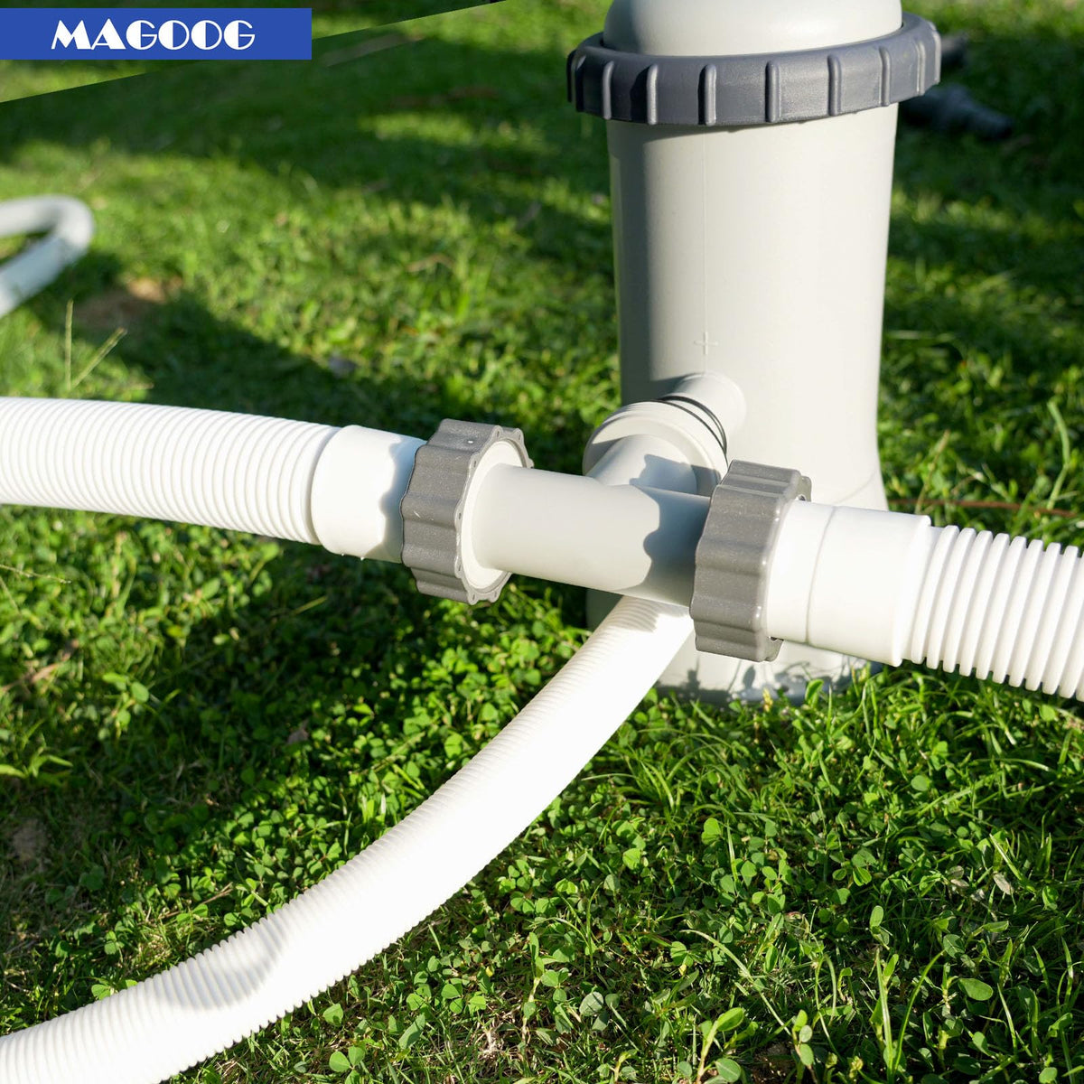 Magoog hose connector close-up shows built-in rubber O-ring for secure seal