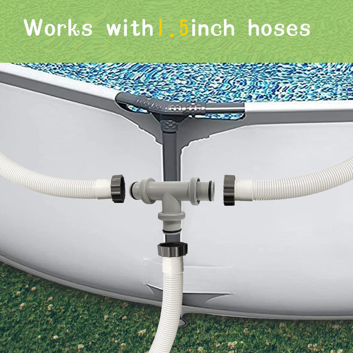 Magoog pool hose connector near hoses, highlighting leak-proof design