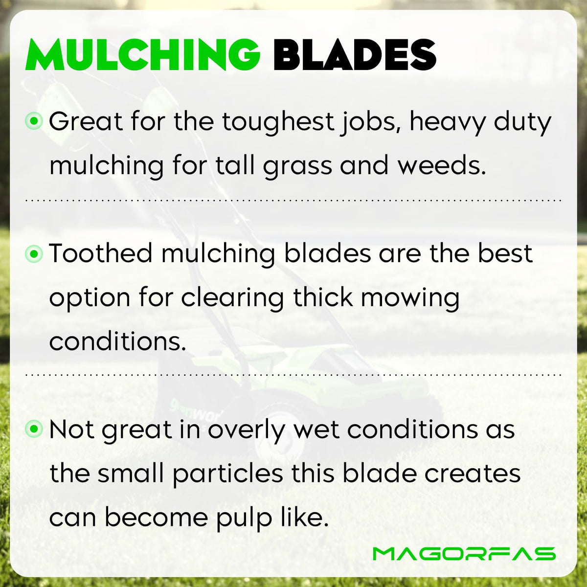 Magorfas 48-inch deck blade side-profile highlights durable steel and lasting performance