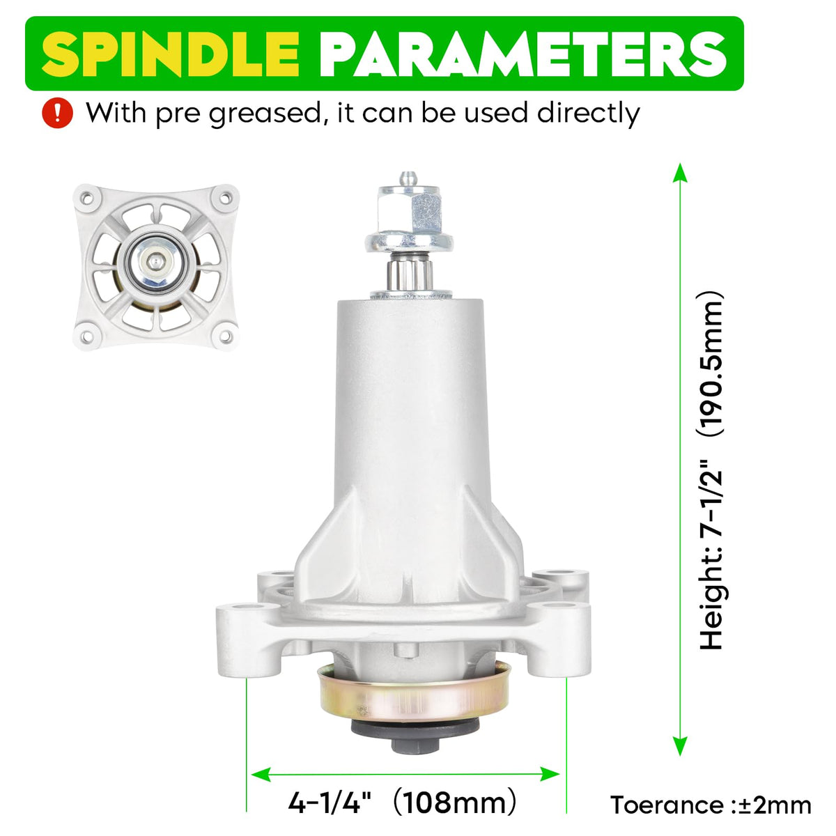 Magorfas spindle-height 7-1/2 inches highlights easy alignment during mower maintenance.