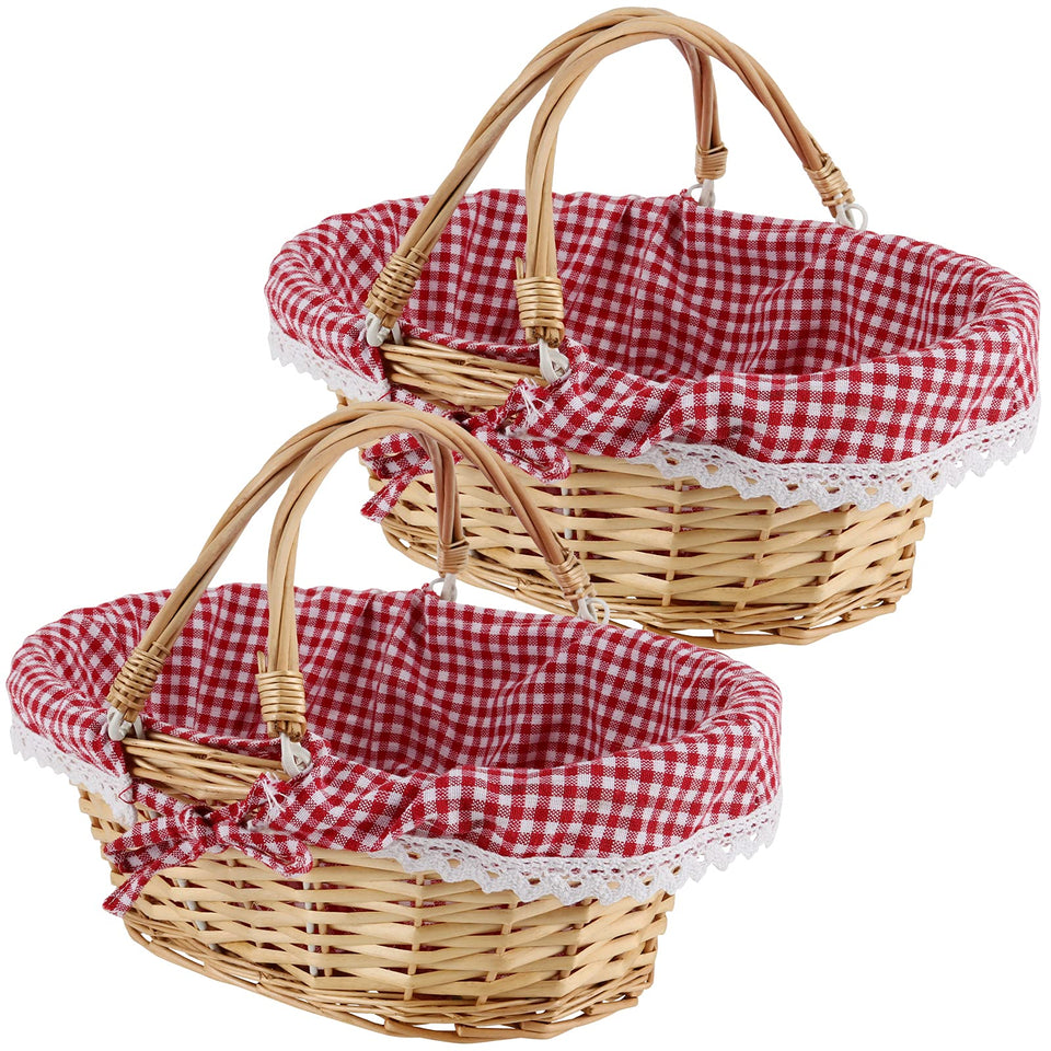 MAHIONG wicker basket with double handles and washable gingham liner for easy transport and tidy storage