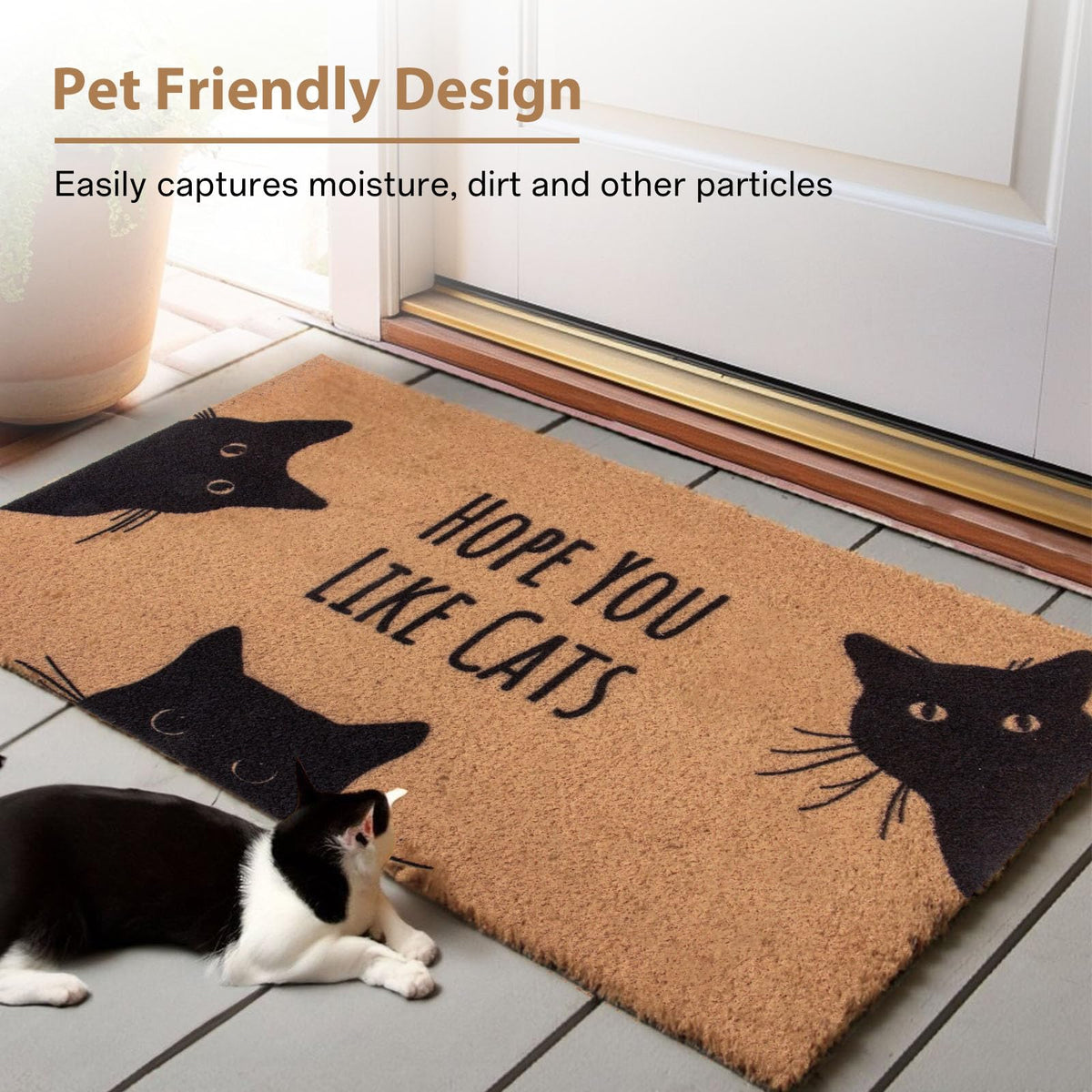 Mahrokh 29x17 inch cat door mat adds bright decor to any doorway.