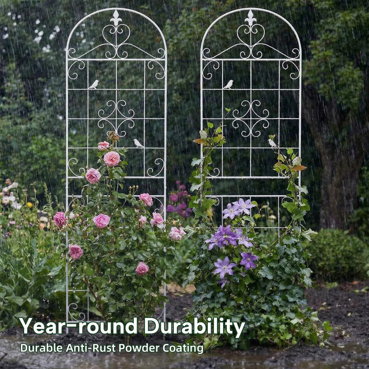 Maidapulu white metal trellis with bird sculptures adds decorative appeal to any bed.