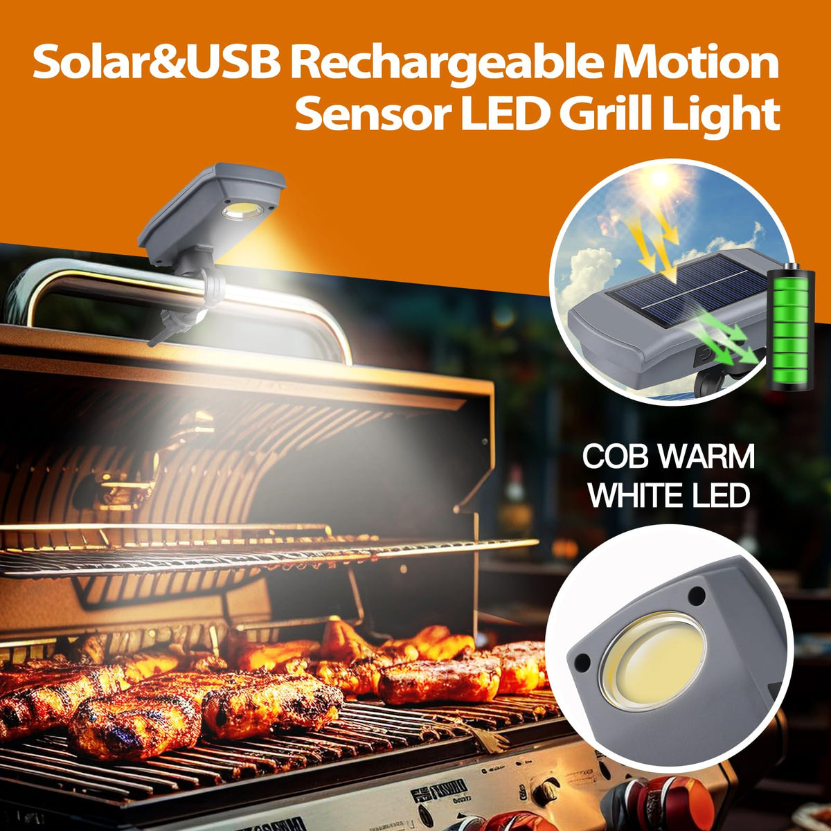 MaiMaiYa solar and USB rechargeable grill light stays bright without frequent battery changes