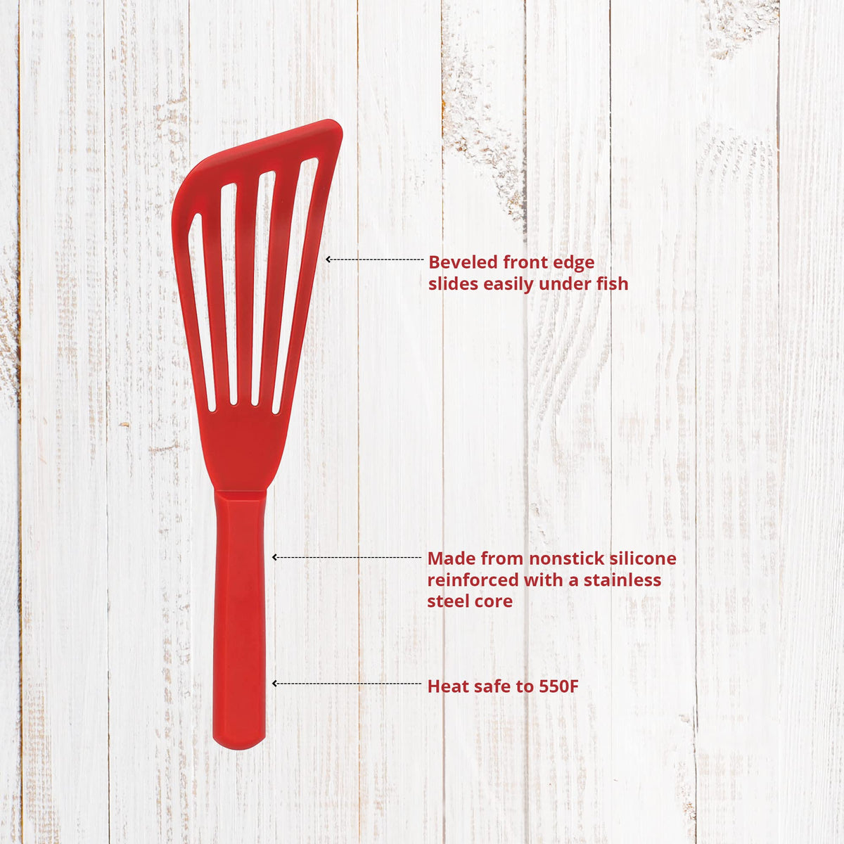 Maine Man spatula beveled-edge glides under food for gentle turning.