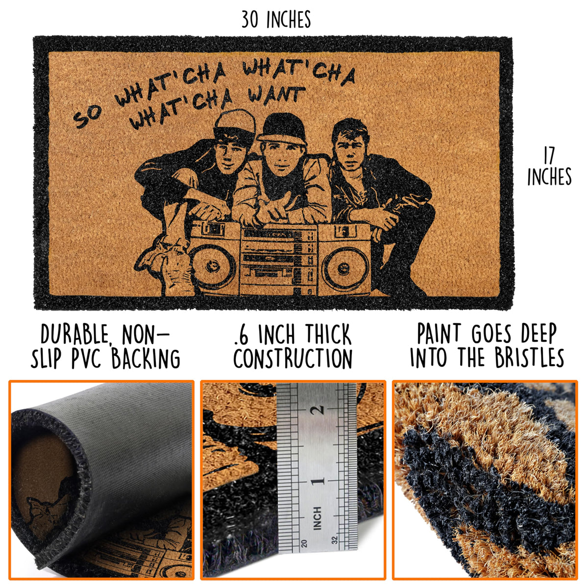 MAINEVENT Beasty Boys welcome mat on a covered patio with non-slip backing to stay in place
